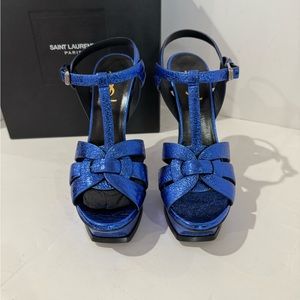 YSL Metallic Crackled Calfskin Tribute Platform Sandals Metal Blue Sz 40